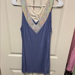 Blue Sleeveless Top with Beaded Neckline